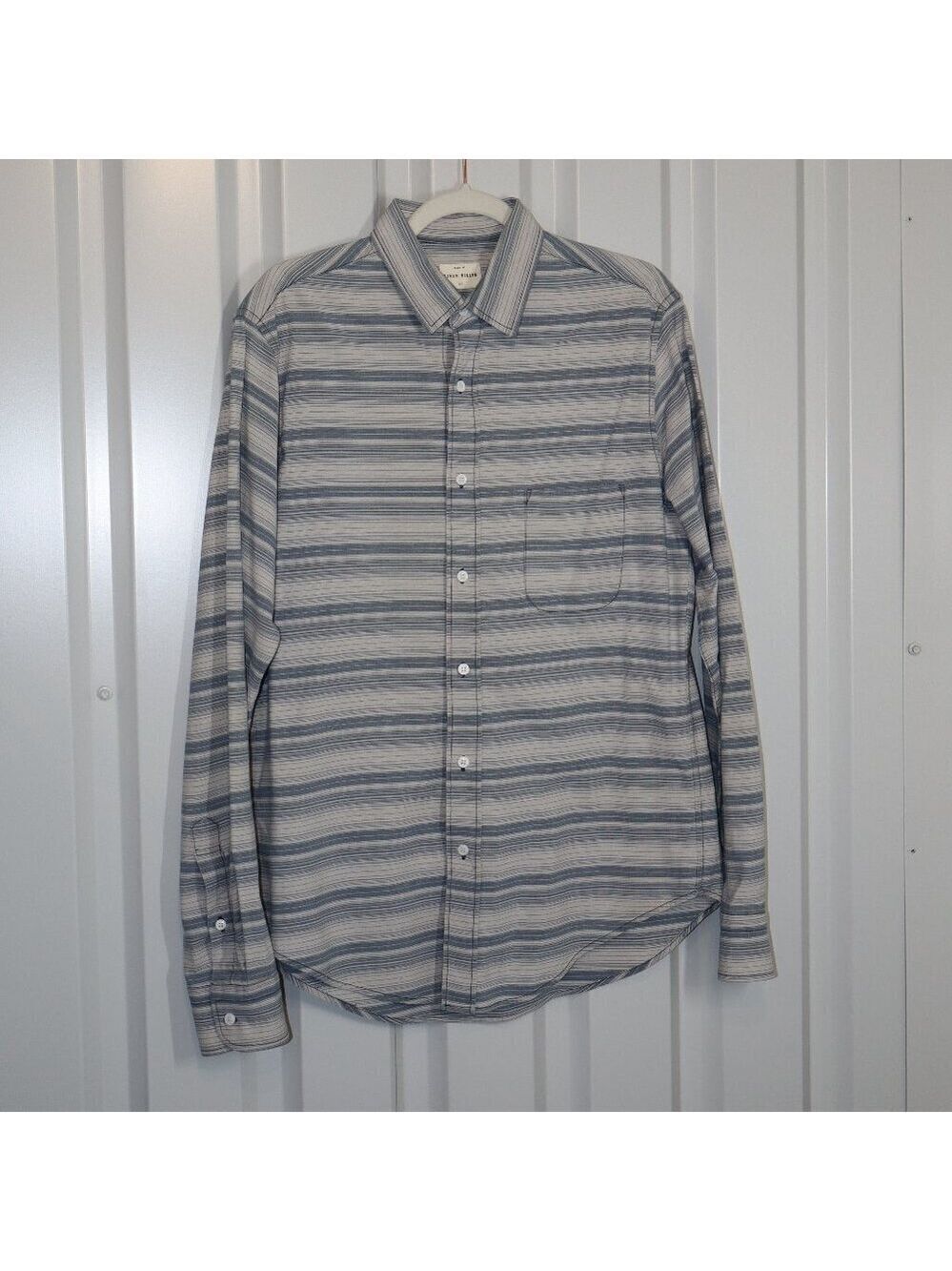 Simon Miller Mens Button Down Striped Cotton Twill Shirt Blue White Size XL